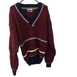 Vintage Wayne Scott maroon and blue knit V-neck sweater